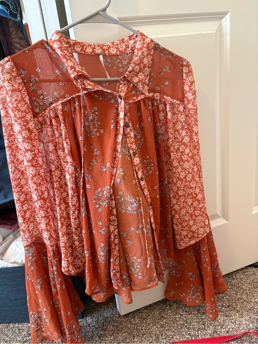 Free People Rust Floral Tie-Front Blouse